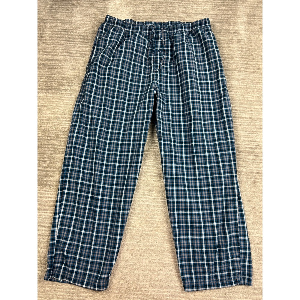 Unbraded Pajama Pants Mens XL Blue Plaid 100% Cotton Drawstring Lounge Sleepwear